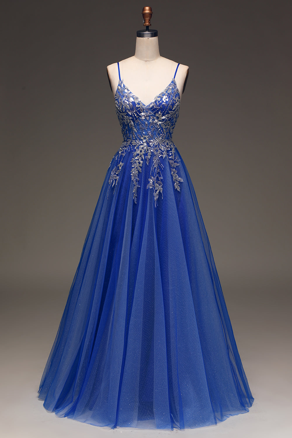 Luolandi A Line Spaghetti Straps Sleeveless Sequin Long Prom Dress V-neck Beautiful